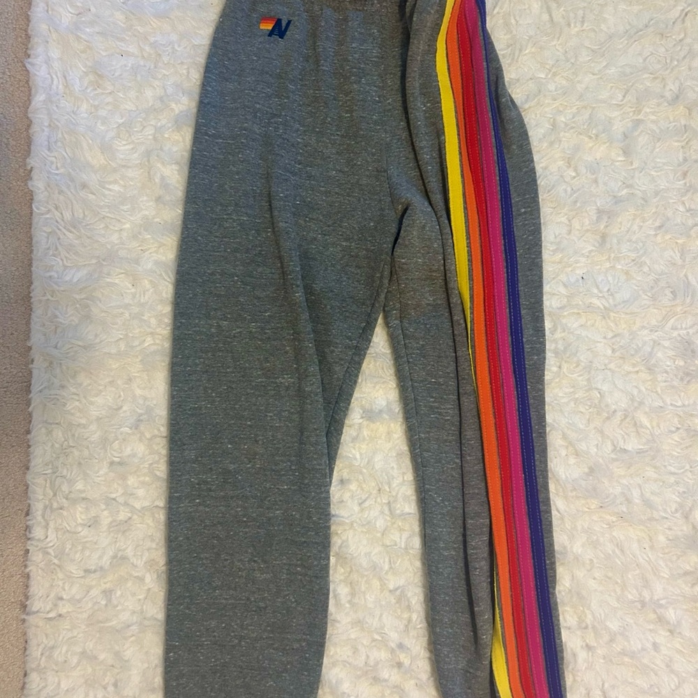 5 stripe Aviator Nation Gray Bottoms with Rainbow Stripes